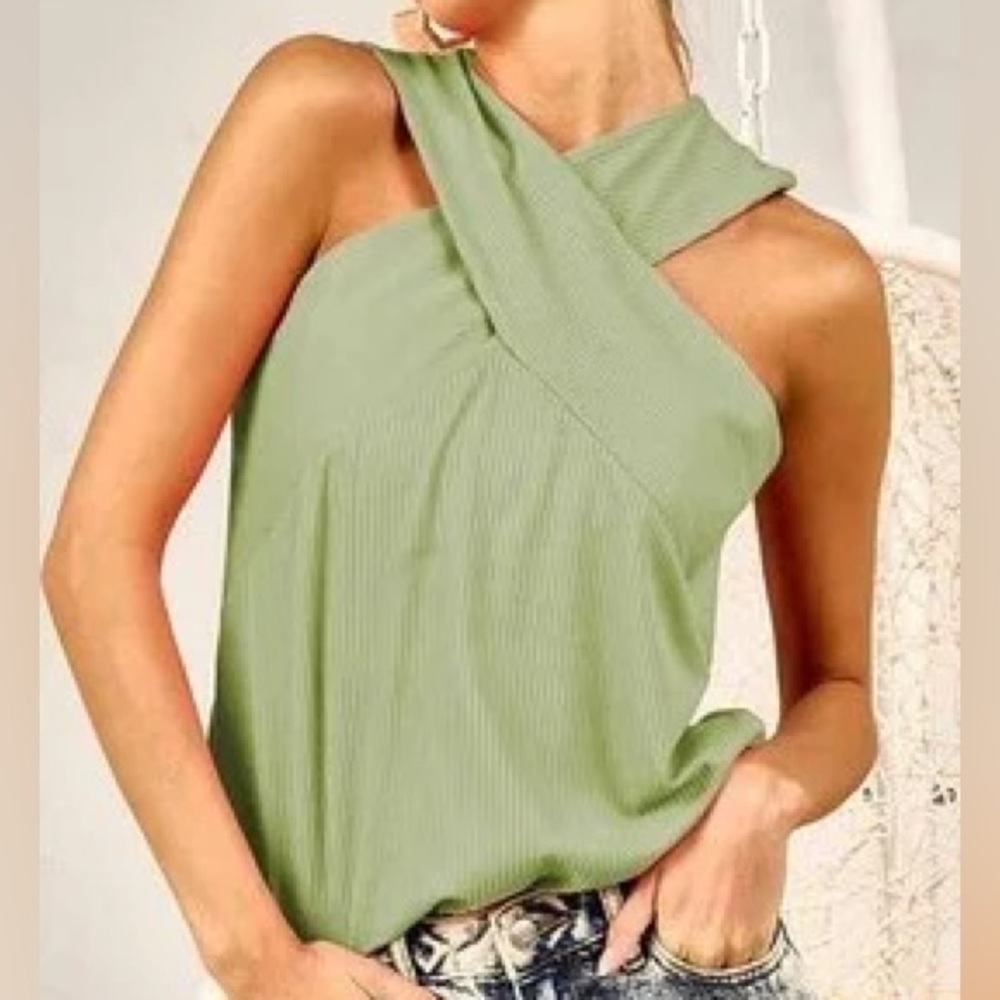 Sage Ribbed Criss Cross Top